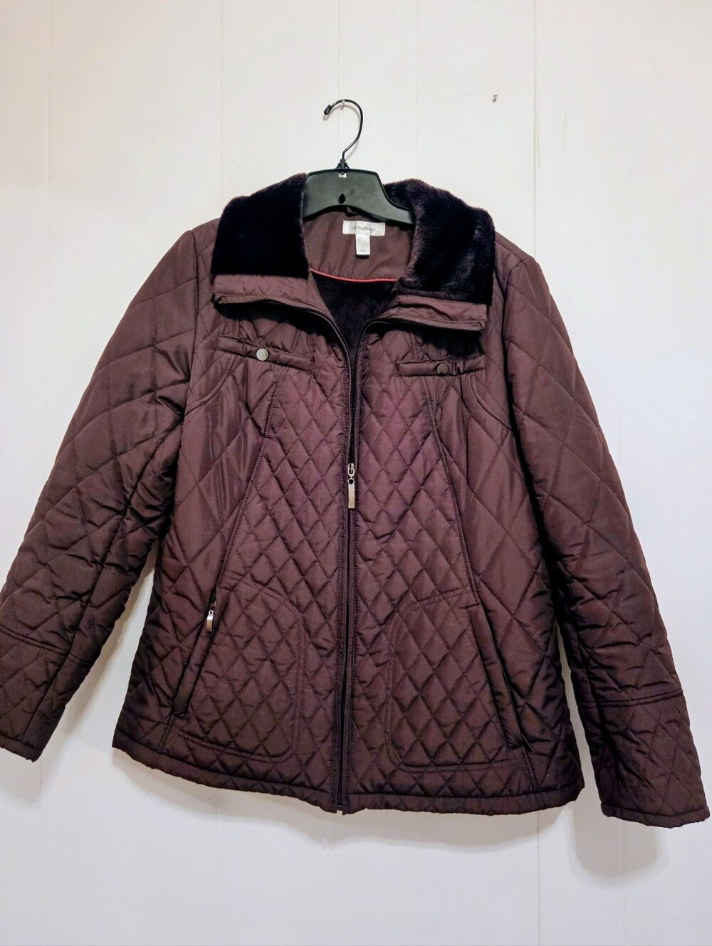 Dressbarn Quilted Puffer Jacket with Faux Fur Collar — Chocolate Brown